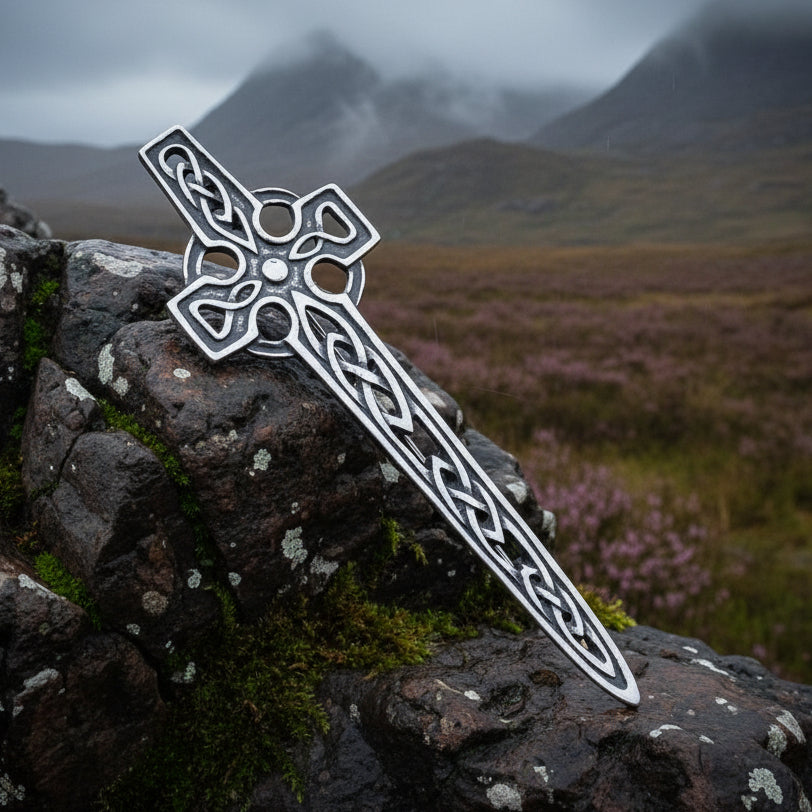 Rowan Celtic Cross Kilt Pin in pewter