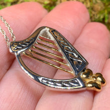 Load image into Gallery viewer, Harp Necklace, Irish Jewelry, Celtic Jewelry, Ireland Jewelry Gift, Silver Mom Gift, Girlfriend Gift, Music Jewelry, Shamrock Jewelry
