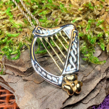 Load image into Gallery viewer, Harp Necklace, Irish Jewelry, Celtic Jewelry, Ireland Jewelry Gift, Silver Mom Gift, Girlfriend Gift, Music Jewelry, Shamrock Jewelry
