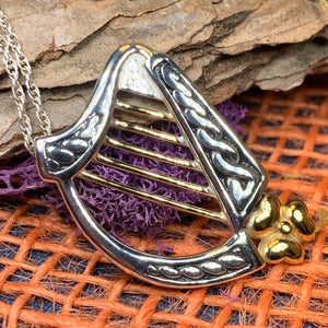 Harp Necklace, Irish Jewelry, Celtic Jewelry, Ireland Jewelry Gift, Silver Mom Gift, Girlfriend Gift, Music Jewelry, Shamrock Jewelry