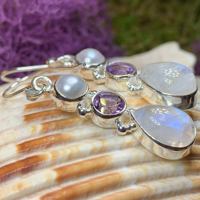 Moonstone Earrings, Amethyst Dangle Earrings, Moonstone Jewelry, Pearl Jewelry, June Birthstone, Mom Gift, Anniversary Gift, Wife Gift