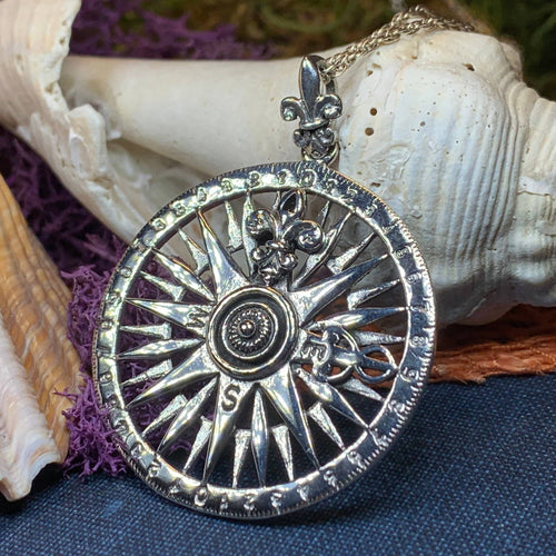 Compass Necklace, Celtic Necklace, Women Nautical Pendant, Travel Lover Gift, Anniversary Gift, Outlander Jewelry, Fluer De Lis Jewelry