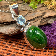 Load image into Gallery viewer, Irish Spring Necklace, Blue Topz Jewelry, Celtic Jewelry, Anniversary Gift, Green Gemstone Jewelry, Chrome Diopside Pendant, Wiccan Jewelry
