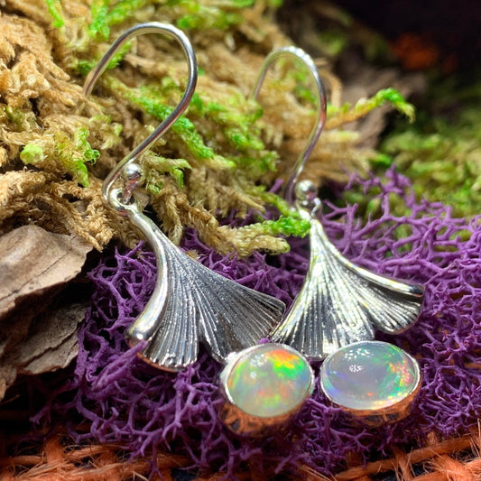 Gingko Earrings, Opal Jewelry, Tree Jewelry, Gemstone Jewelry, Leaf Jewelry, Anniversary Gift, Nature Jewelry, October Birthstone, Mom Gift