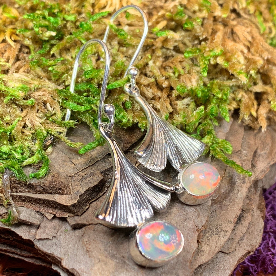Gingko Earrings, Opal Jewelry, Tree Jewelry, Gemstone Jewelry, Leaf Jewelry, Anniversary Gift, Nature Jewelry, October Birthstone, Mom Gift