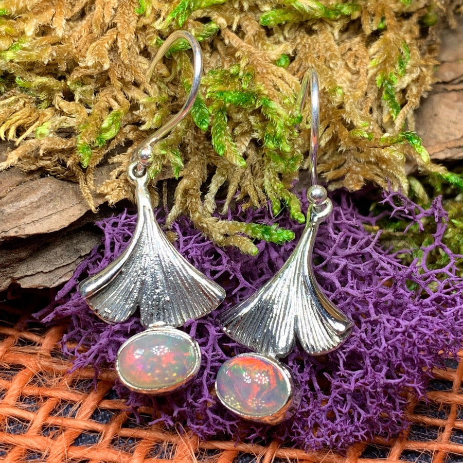Gingko Earrings, Opal Jewelry, Tree Jewelry, Gemstone Jewelry, Leaf Jewelry, Anniversary Gift, Nature Jewelry, October Birthstone, Mom Gift