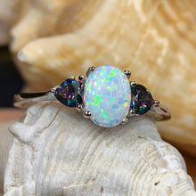 Load image into Gallery viewer, Opal Celtic Ring, Celtic Ring, Scotland Ring, Opal Engagement Ring, Trinity Knot Jewelry, Anniversary Gift, Cocktail Ring, Birthstone Ring

