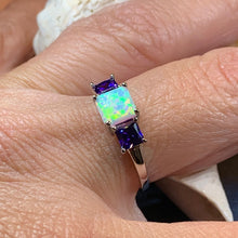 Load image into Gallery viewer, Scottish Mist Celtic Ring, Celtic Ring, Scotland Ring, Opal Jewelry, Trinity Knot Jewelry, Anniversary Gift, Cocktail Ring, Amethyst Ring
