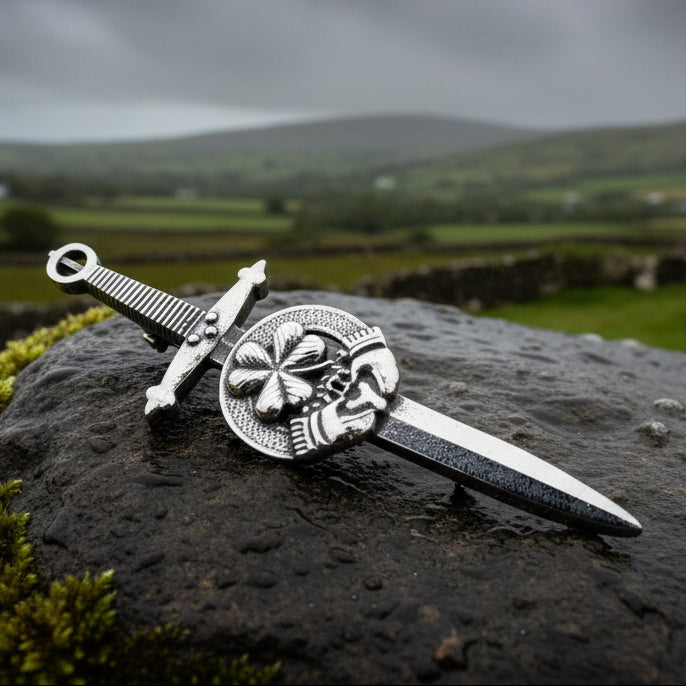 Irish Kilt Pin, Irish Shamrock Pin, Claddagh Kilt Pin, Harp Jewelry, Celtic Kilt Pin, Irish Dancer Gift, Celtic Knot Brooch, Bagpiper Gift