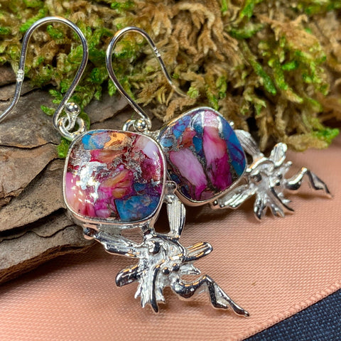 Load image into Gallery viewer, Celtic Fairy Earrings, Celtic Jewelry, Irish Jewelry, Fairy Jewelry, Wiccan Jewelry, Boho Earrings, Scotland Jewelry, Spiny Oyster Turquoise
