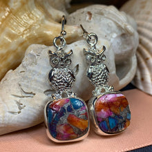 Load image into Gallery viewer, Owl Earrings, Celtic Jewelry, Wiccan Jewelry, Teacher Gift, Bird Jewelry, Anniversary Gift, Owl Gift, Pagan Jewelry, Spiny Oyster Turquoise
