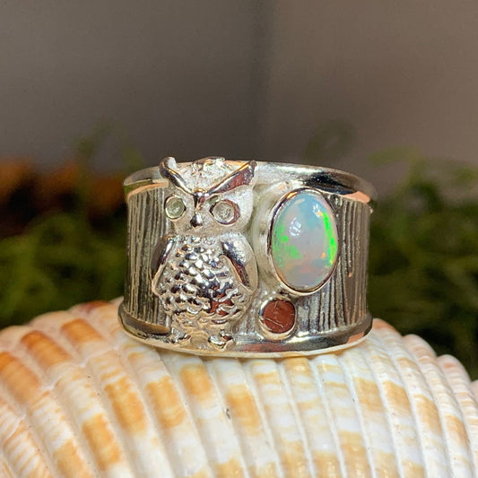 Owl Ring, Celtic Opal Ring, Larimar Ring, Owl Ring, Wide Band Ring, Boho Statement Ring, Anniversary Gift, Wiccan Jewelry, Bird Jewelry