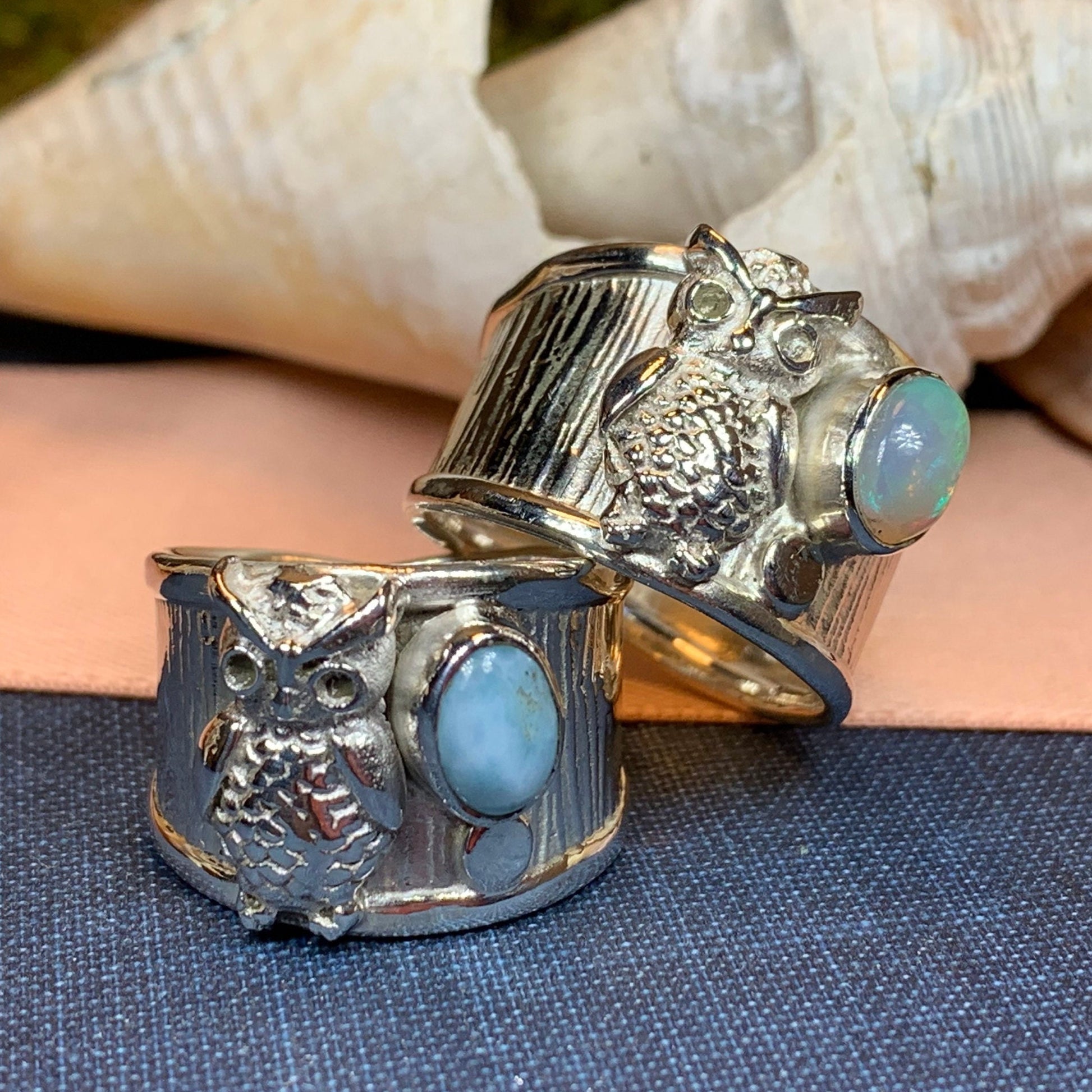 Owl Ring, Celtic Opal Ring, Larimar Ring, Owl Ring, Wide Band Ring, Boho Statement Ring, Anniversary Gift, Wiccan Jewelry, Bird Jewelry