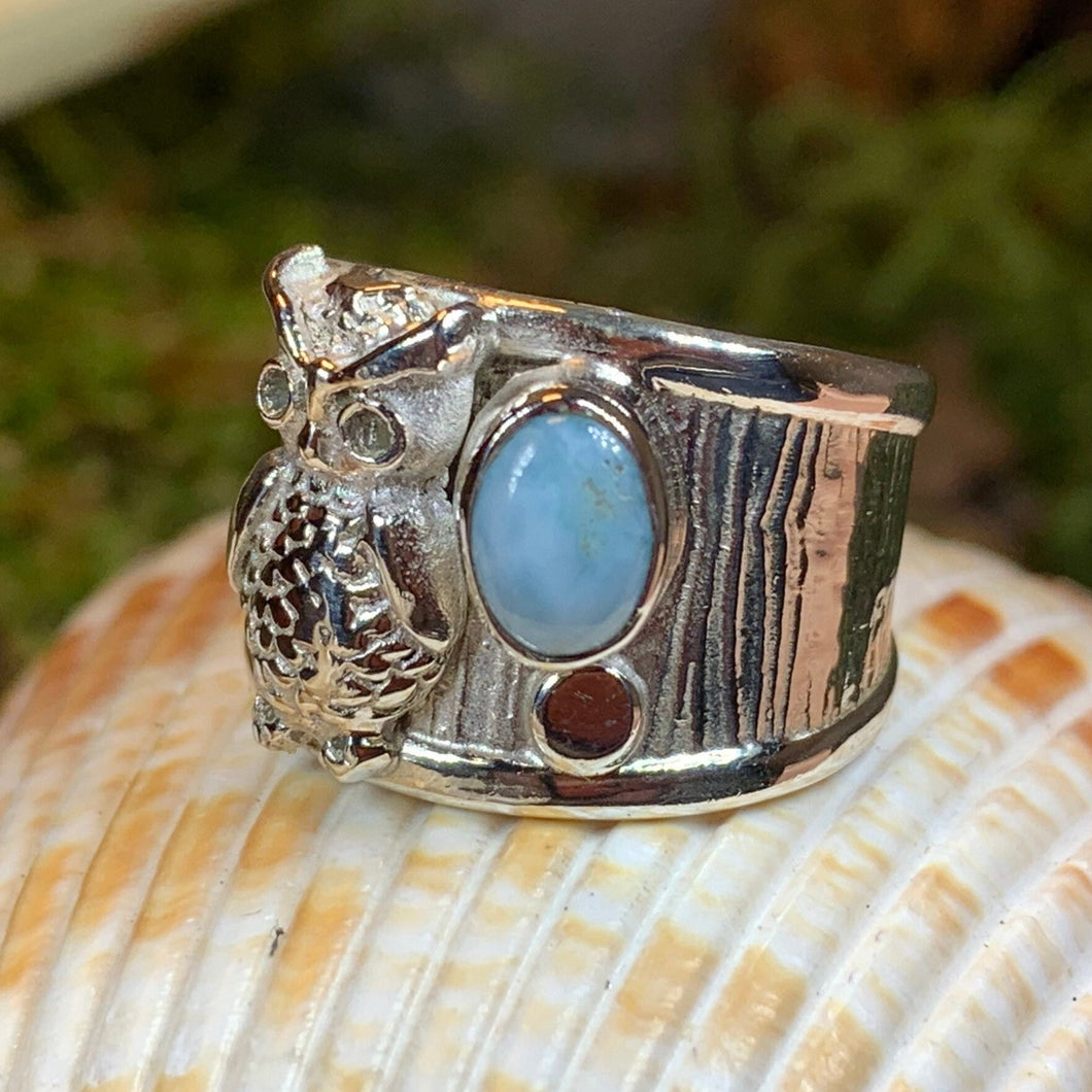 Owl Ring, Celtic Opal Ring, Larimar Ring, Owl Ring, Wide Band Ring, Boho Statement Ring, Anniversary Gift, Wiccan Jewelry, Bird Jewelry