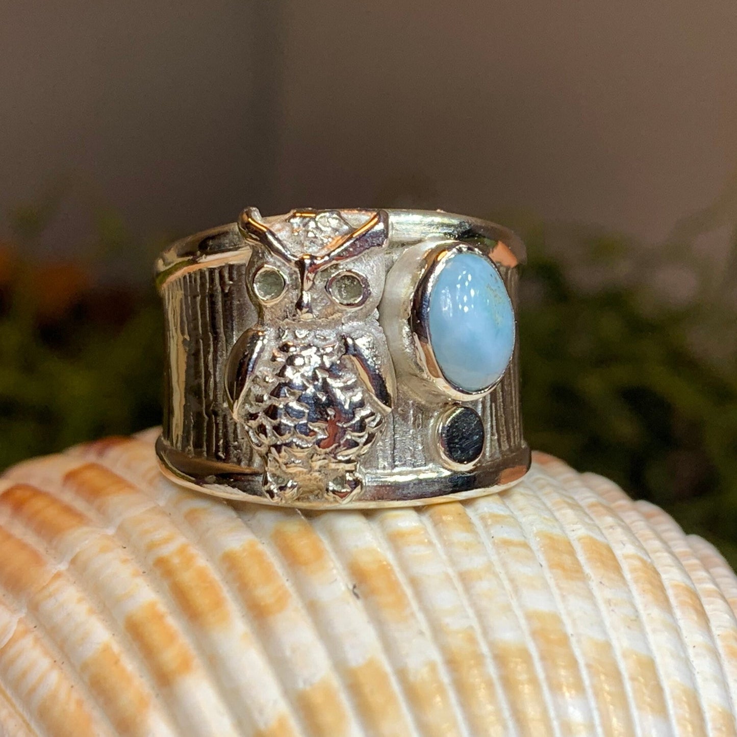 Owl Ring, Celtic Opal Ring, Larimar Ring, Owl Ring, Wide Band Ring, Boho Statement Ring, Anniversary Gift, Wiccan Jewelry, Bird Jewelry