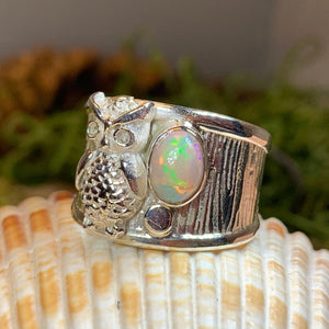 Owl Ring, Celtic Opal Ring, Larimar Ring, Owl Ring, Wide Band Ring, Boho Statement Ring, Anniversary Gift, Wiccan Jewelry, Bird Jewelry