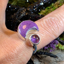 Load image into Gallery viewer, Crescent Moon Ring, Celtic Jewelry, Celestial Jewelry, Goddess Jewelry, Moon Ring, Wiccan Jewelry, Anniversary Gift, Mystical Ring, Purple
