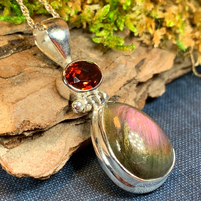 Celtic Night Necklace, Purple Labradorite Pendant, Celtic Jewelry, Anniversary Gift, Wiccan Jewelry, Garnet Pendant, Wife Gift, Sister Gift