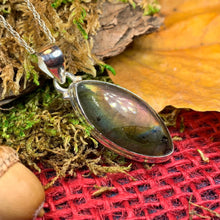 Load image into Gallery viewer, Celtic Night Necklace, Purple Labradorite Pendant, Celtic Jewelry, Anniversary Gift, Wiccan Jewelry, Garnet Pendant, Wife Gift, Sister Gift
