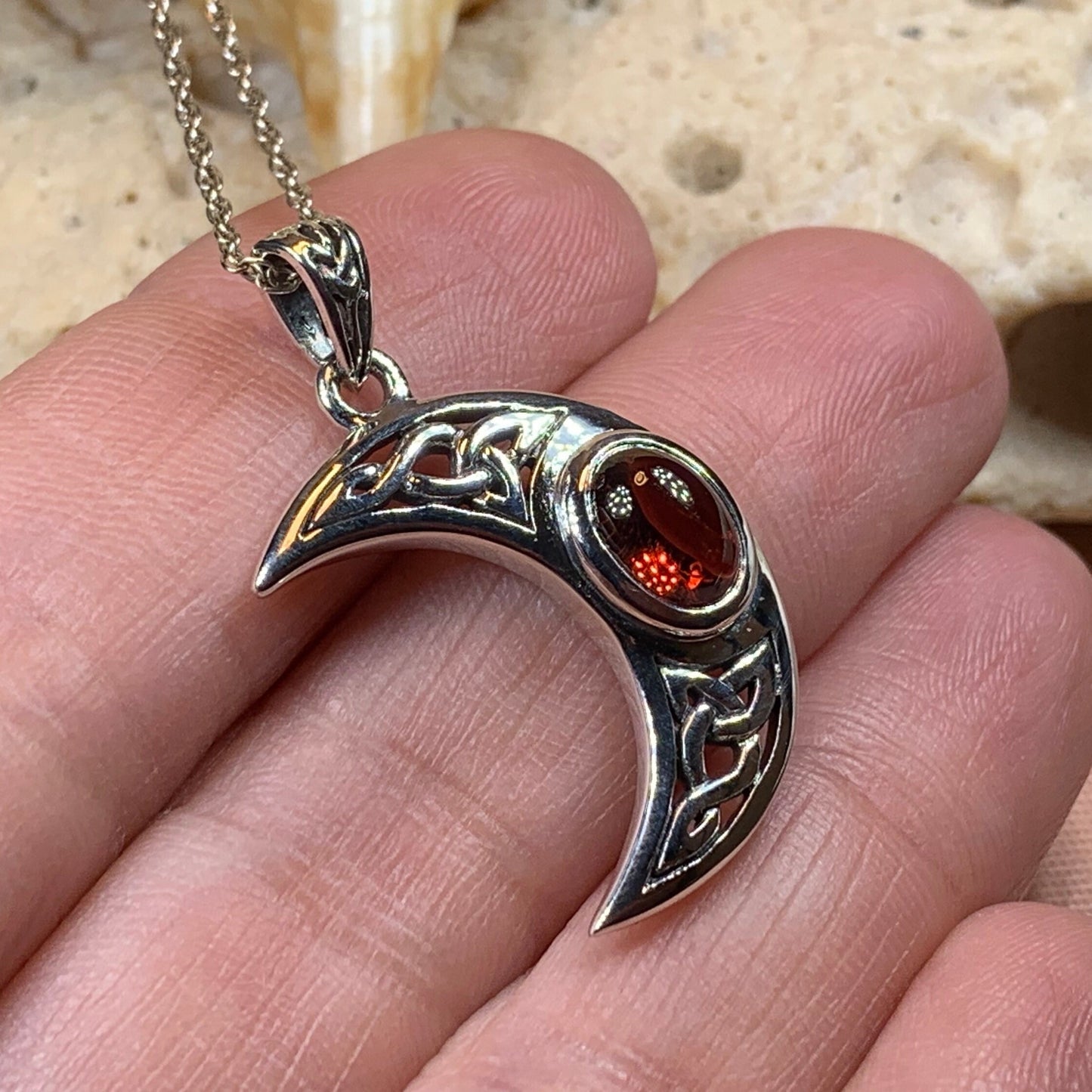 Moon Necklace, Celtic Jewelry, Celestial Jewelry, Wiccan Jewelry, Garnet Pendant, Crescent Moon Pendant, Irish Jewelry, Anniversary Gift