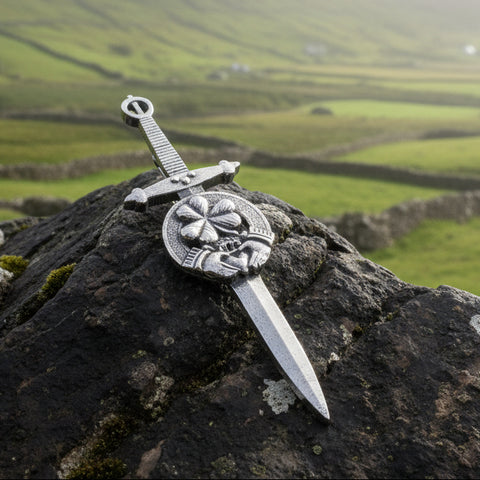 Load image into Gallery viewer, Irish Kilt Pin, Irish Shamrock Pin, Claddagh Kilt Pin, Harp Jewelry, Celtic Kilt Pin, Irish Dancer Gift, Celtic Knot Brooch, Bagpiper Gift
