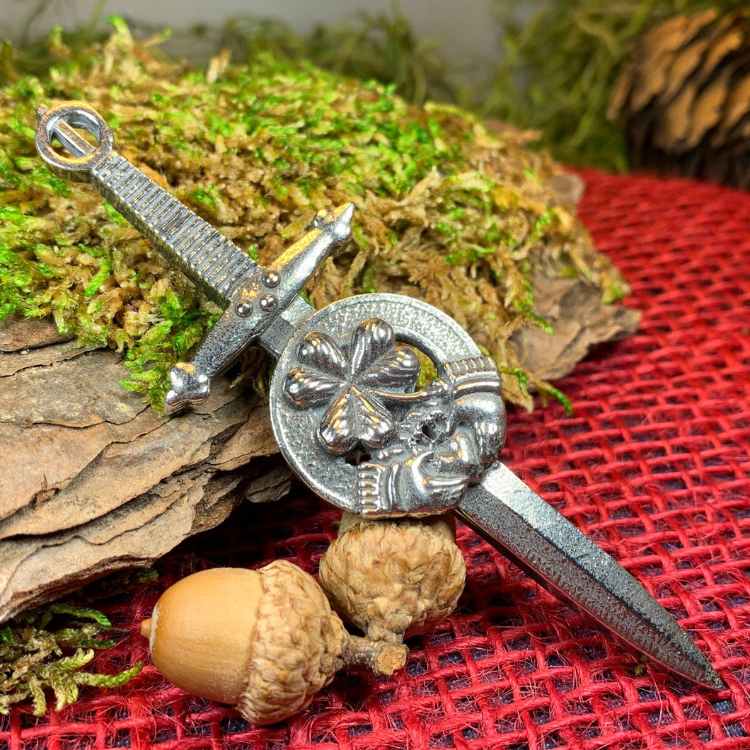 Irish Kilt Pin, Irish Shamrock Pin, Claddagh Kilt Pin, Harp Jewelry, Celtic Kilt Pin, Irish Dancer Gift, Celtic Knot Brooch, Bagpiper Gift