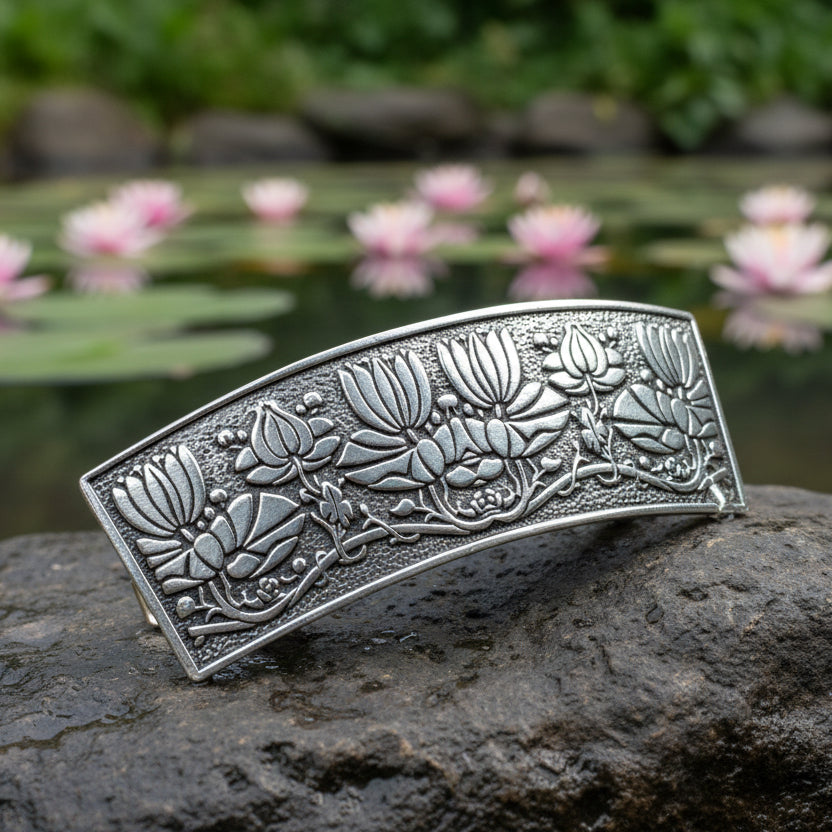 Waterlillies Hair Clip, Celtic Barrette, Water Lily Jewelry, Art Deco Jewelry, Friendship Gift, Wicca Jewelry, Hair Jewelry, Pewter Barrette