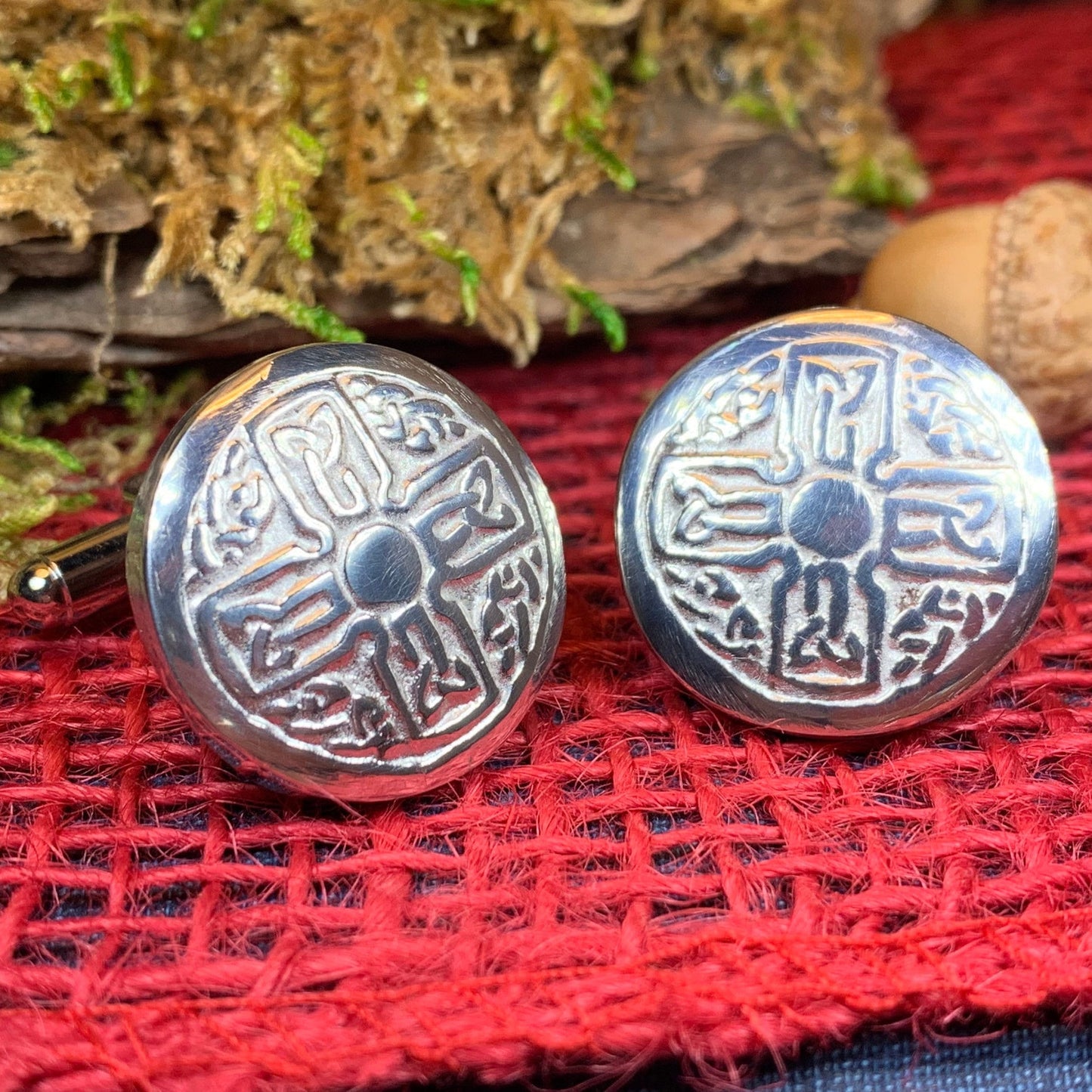 Round Celtic Cross Pewter Cufflinks - Handmade in Scotland — view 4