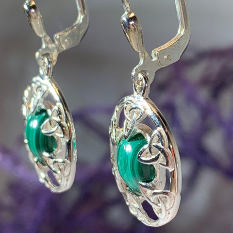 Load image into Gallery viewer, Trinity Knot Earrings, Celtic Knot Jewelry, Irish Dangle Earrings, Mom Gift, Scottish Jewelry, Graduation Gift, Malachite Jewelry, Wife Gift
