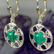 Load image into Gallery viewer, Trinity Knot Earrings, Celtic Knot Jewelry, Irish Dangle Earrings, Mom Gift, Scottish Jewelry, Graduation Gift, Malachite Jewelry, Wife Gift
