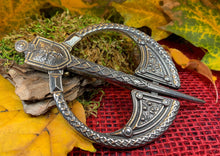 Load image into Gallery viewer, Lion Penannular Brooch, Large Celtic Pin, Scottish Lion Pin, Norse Jewelry, Wiccan Jewelry, Anniversary Gift, Kilt Pin, Pewter Tartan Pin
