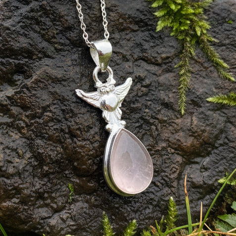 Owl Necklace, Owl Gift, Bird Pendant, Nature Jewelry, Forest Jewelry, Rose Quartz Pendant, Mystical Jewelry, Gift for Her, Mom Gift