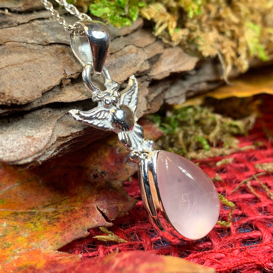 Owl Necklace, Owl Gift, Bird Pendant, Nature Jewelry, Forest Jewelry, Rose Quartz Pendant, Mystical Jewelry, Gift for Her, Mom Gift