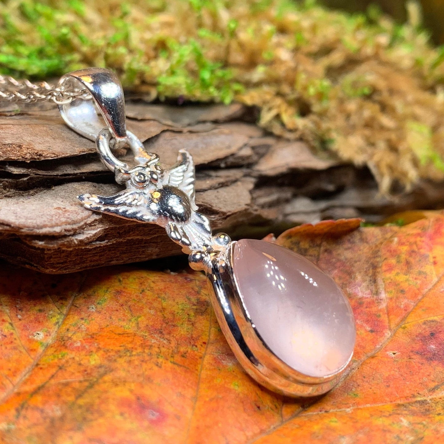 Nissa Rose Quartz Owl Necklace — view 5
