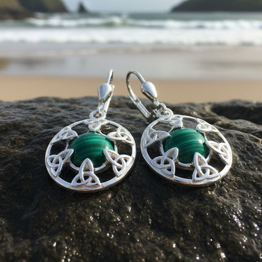 Trinity Knot Earrings, Celtic Knot Jewelry, Irish Dangle Earrings, Mom Gift, Scottish Jewelry, Graduation Gift, Malachite Jewelry, Wife Gift