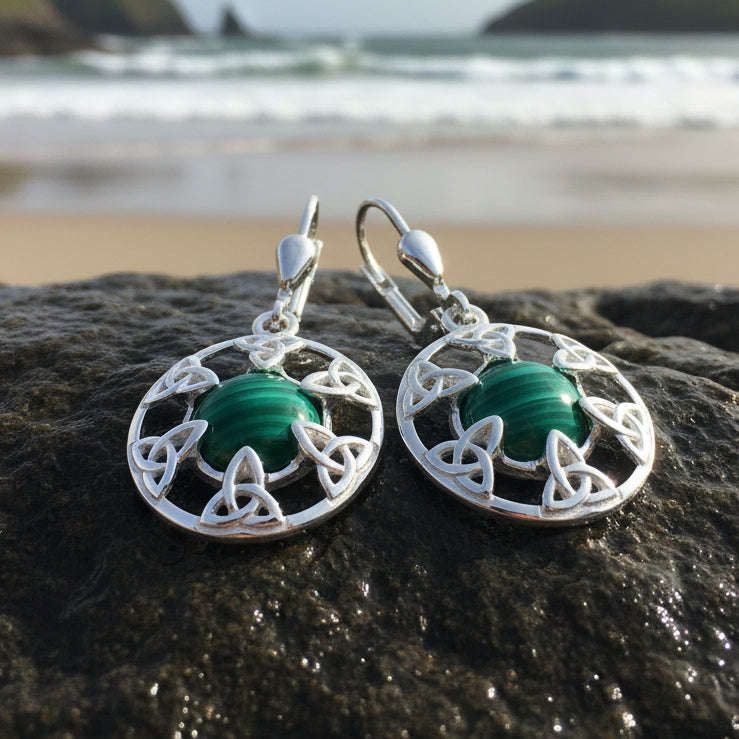 Trinity Knot Earrings, Celtic Knot Jewelry, Irish Dangle Earrings, Mom Gift, Scottish Jewelry, Graduation Gift, Malachite Jewelry, Wife Gift