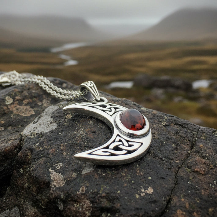 Moon Necklace, Celtic Jewelry, Celestial Jewelry, Wiccan Jewelry, Garnet Pendant, Crescent Moon Pendant, Irish Jewelry, Anniversary Gift
