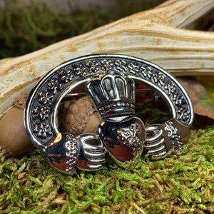 Claddagh Brooch, Celtic Brooch, Irish Jewelry, Clover Jewelry, Shamrock Jewelry, Scarf Pin, Ireland Gift, Claddagh Jewelry, Wife Gift