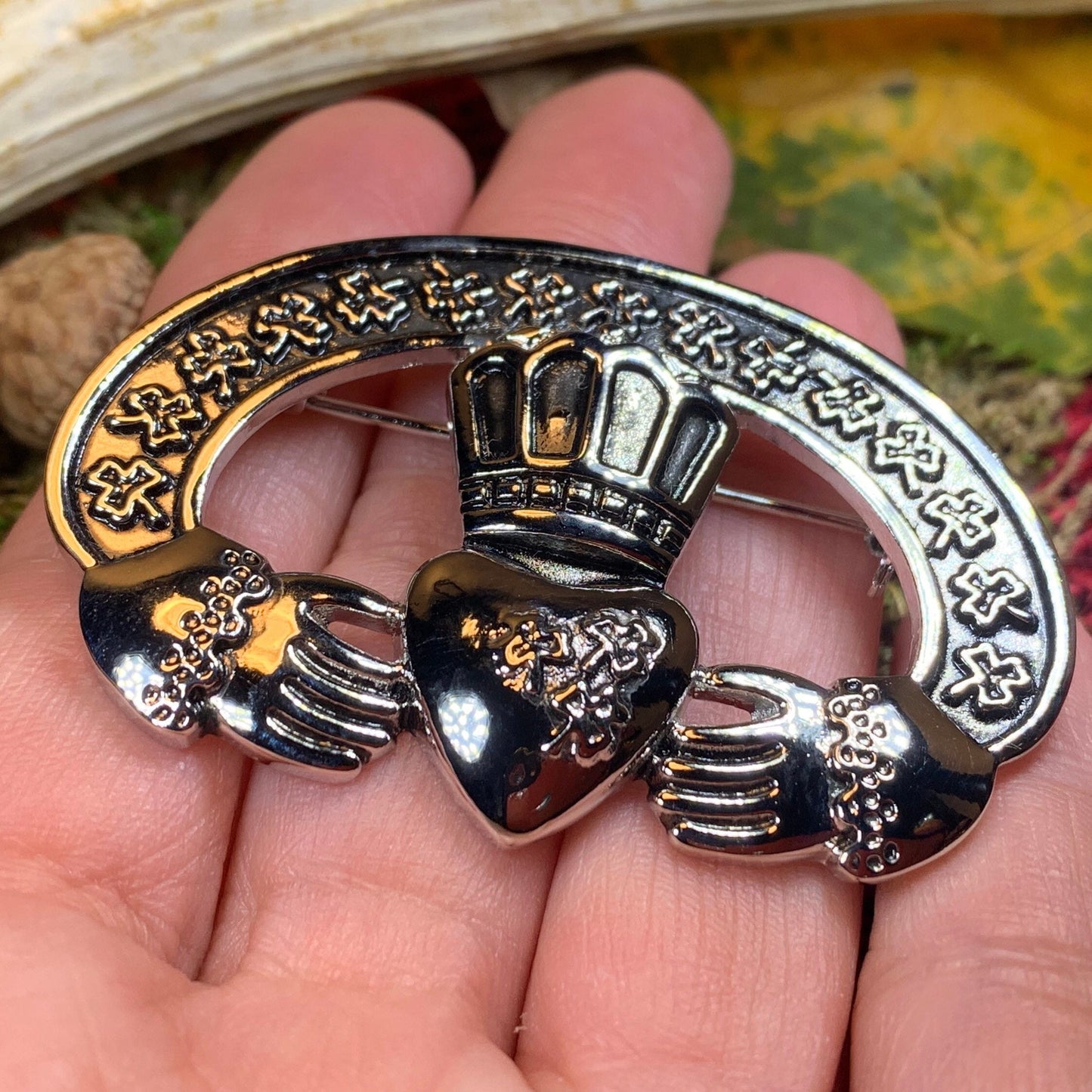 Irish Claddagh Shamrock Brooch — view 7