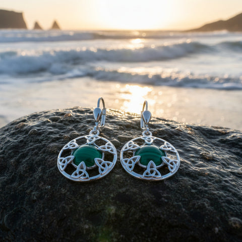 Load image into Gallery viewer, Trinity Knot Earrings, Celtic Knot Jewelry, Irish Dangle Earrings, Mom Gift, Scottish Jewelry, Graduation Gift, Malachite Jewelry, Wife Gift
