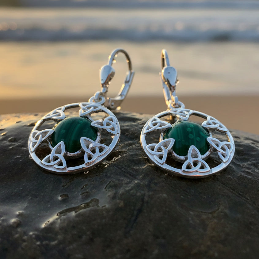 Trinity Knot Earrings, Celtic Knot Jewelry, Irish Dangle Earrings, Mom Gift, Scottish Jewelry, Graduation Gift, Malachite Jewelry, Wife Gift