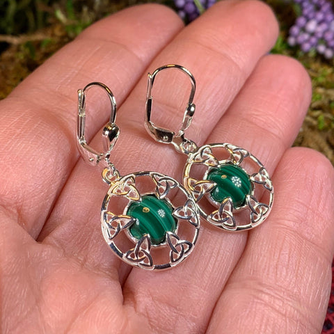 Load image into Gallery viewer, Trinity Knot Earrings, Celtic Knot Jewelry, Irish Dangle Earrings, Mom Gift, Scottish Jewelry, Graduation Gift, Malachite Jewelry, Wife Gift
