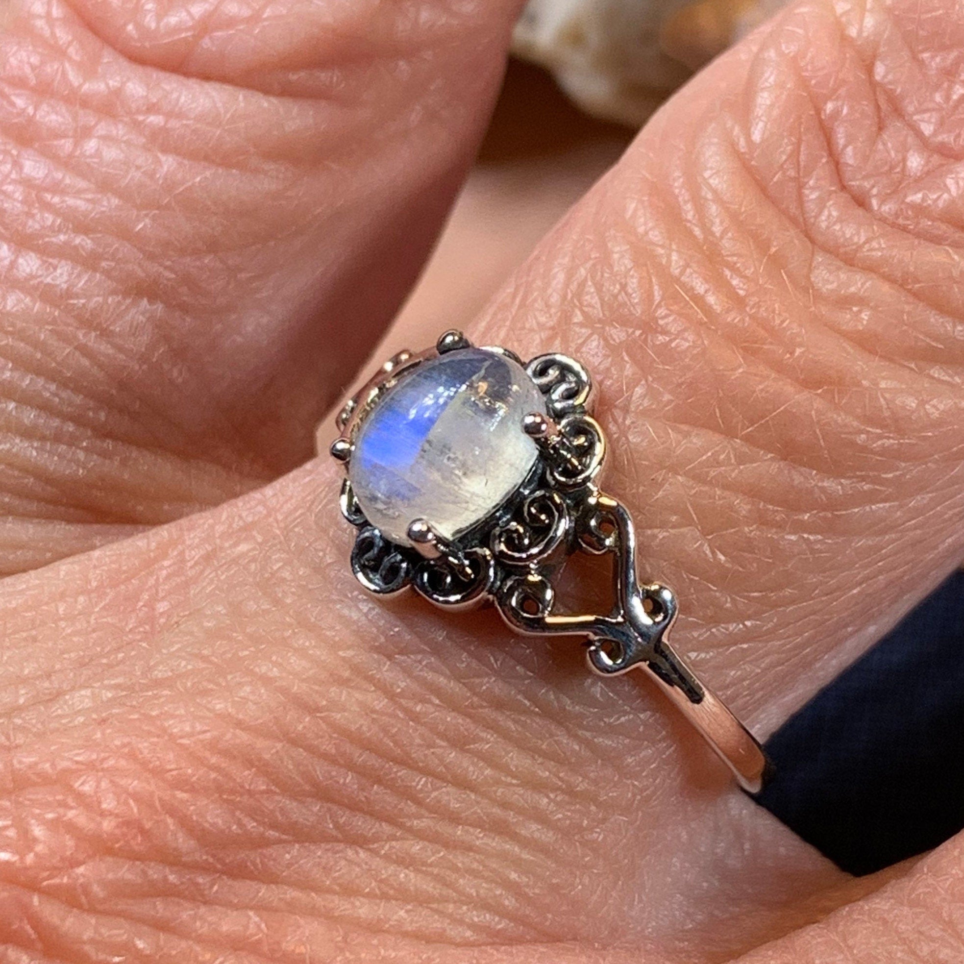Moonstone & Sterling Silver Tribal Lace Ring | Bohemian Gypsy Vintage Style | Size 7 | Gift Box Included