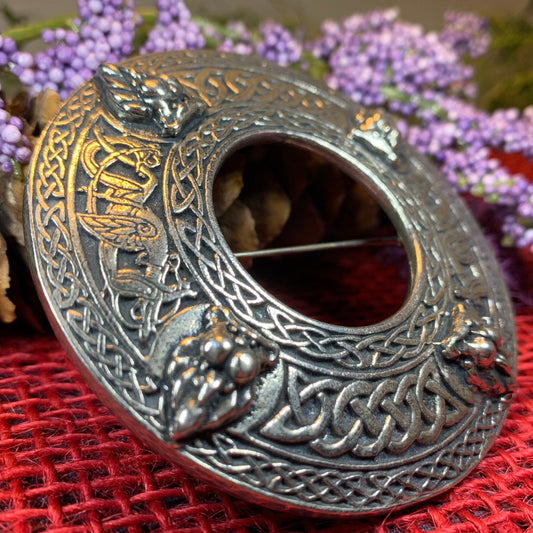Lion Brooch, Large Celtic Pin, Scottish Lion Pin, Norse Jewelry, Wiccan Jewelry, Anniversary Gift, Kilt Pin, Pewter Tartan Pin, Lion Brooch