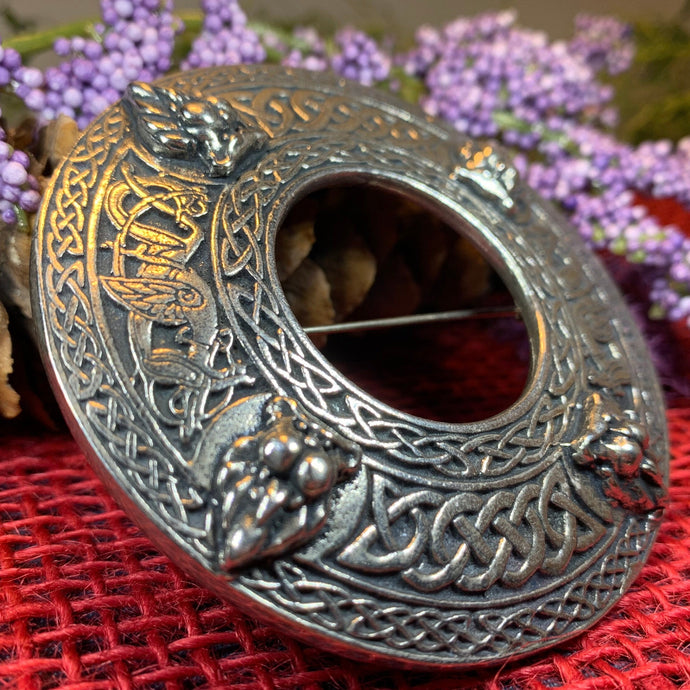 Lion Brooch, Large Celtic Pin, Scottish Lion Pin, Norse Jewelry, Wiccan Jewelry, Anniversary Gift, Kilt Pin, Pewter Tartan Pin, Lion Brooch