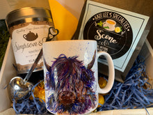 Load image into Gallery viewer, Scotland Gift Box, Highland Cow Gift, Scone Mix, Loose Tea Gift, Scottish Mug, Outlander Gift, New Home Gift, Get Well Gift, Thank You Gift
