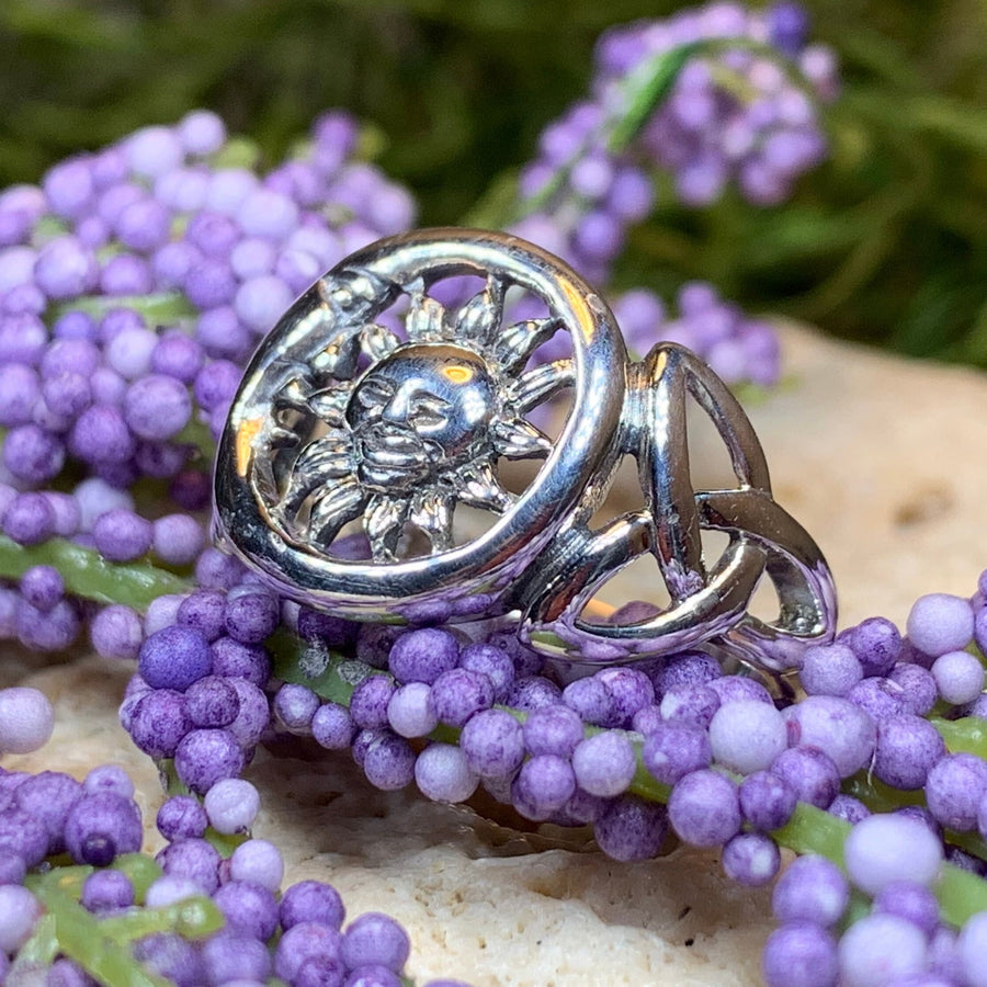 Crescent Moon Ring, Celtic Sun Ring, Celestial Jewelry, Moon Ring, Trinity Knot Ring, Irish Ring, Anniversary Gift, Wife Gift, Mom Gift