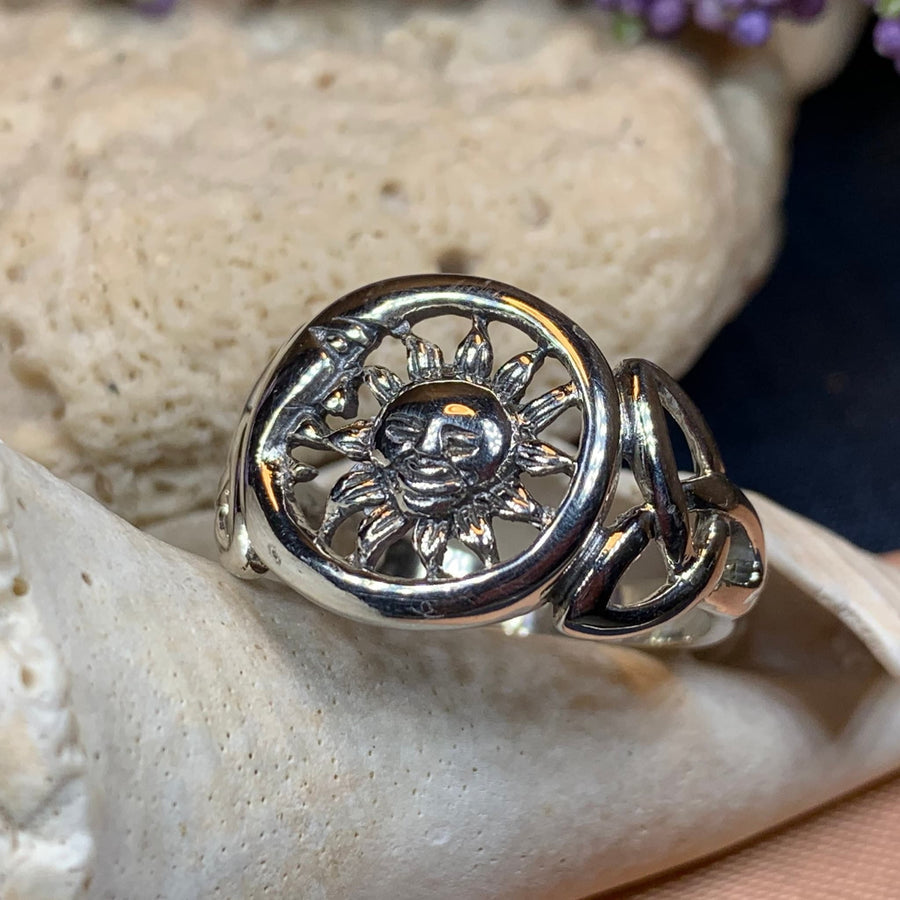 Crescent Moon Ring, Celtic Sun Ring, Celestial Jewelry, Moon Ring, Trinity Knot Ring, Irish Ring, Anniversary Gift, Wife Gift, Mom Gift
