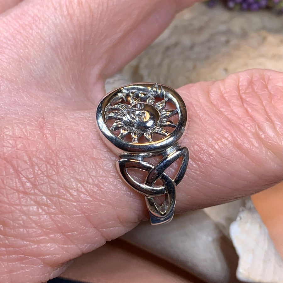 Crescent Moon Ring, Celtic Sun Ring, Celestial Jewelry, Moon Ring, Trinity Knot Ring, Irish Ring, Anniversary Gift, Wife Gift, Mom Gift