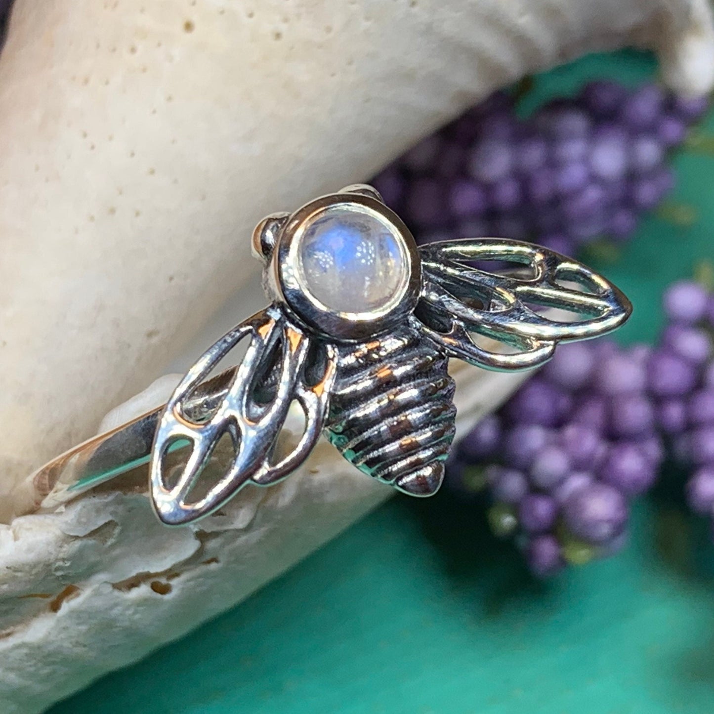 Moonstone Ring, Bumble Bee Ring, Insect Ring, Silver Boho Ring, Anniversary Gift, Nature Jewelry, Honey Bee Jewelry, Gift for Her, Mom Gift